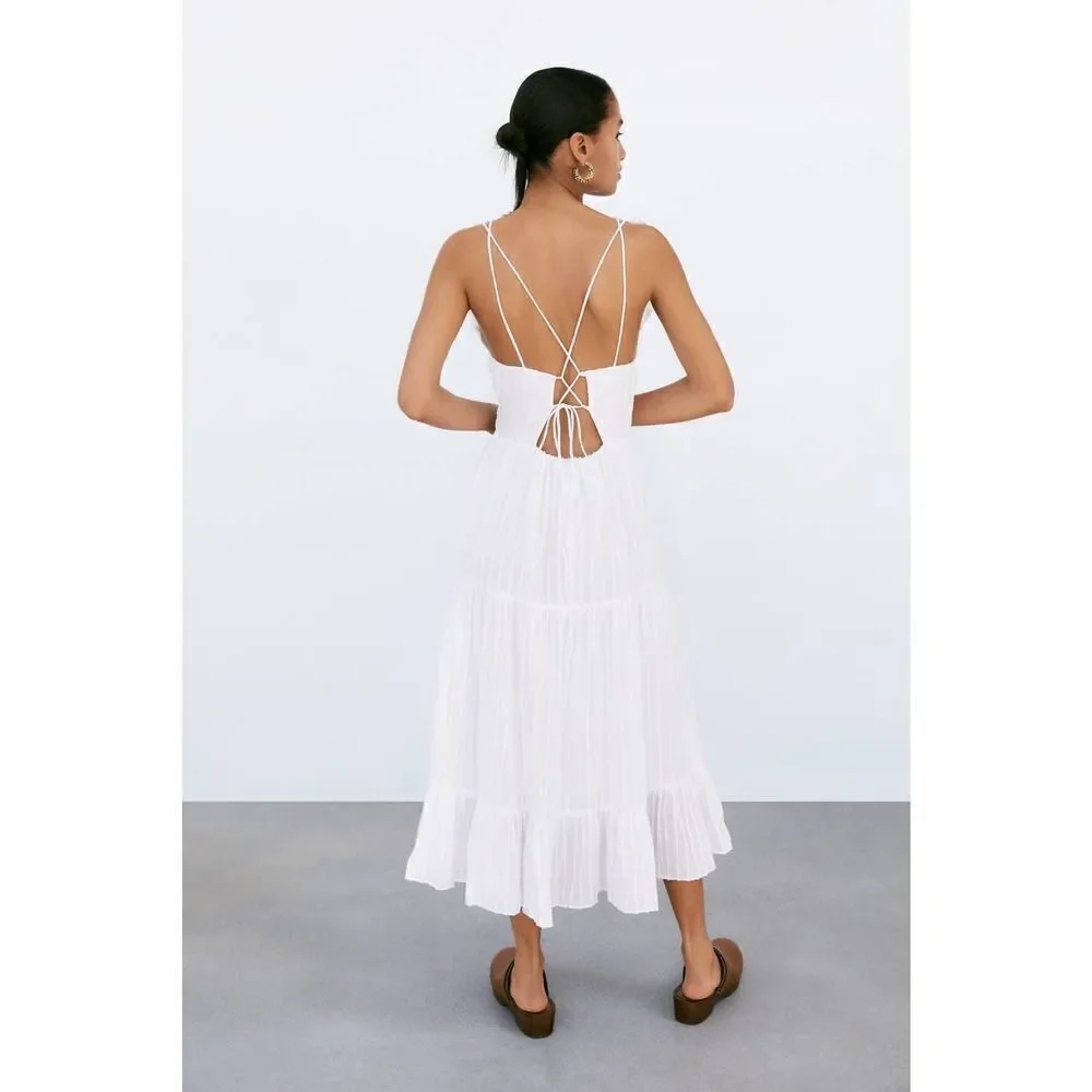 Zara Dress White Pleated Open Back New - Picture 5 of 10